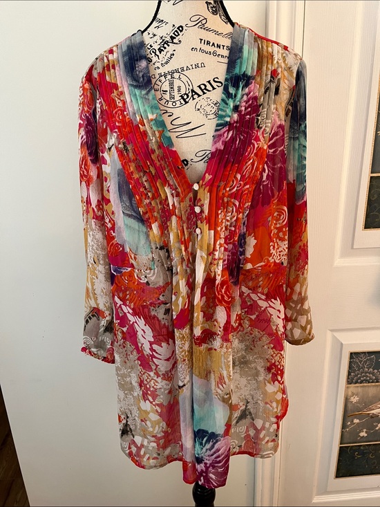 Tribal Tops - Tribal Multicolor Floral Pleated Tunic - Red, Pink, Orange, Yellow, Blue, Green